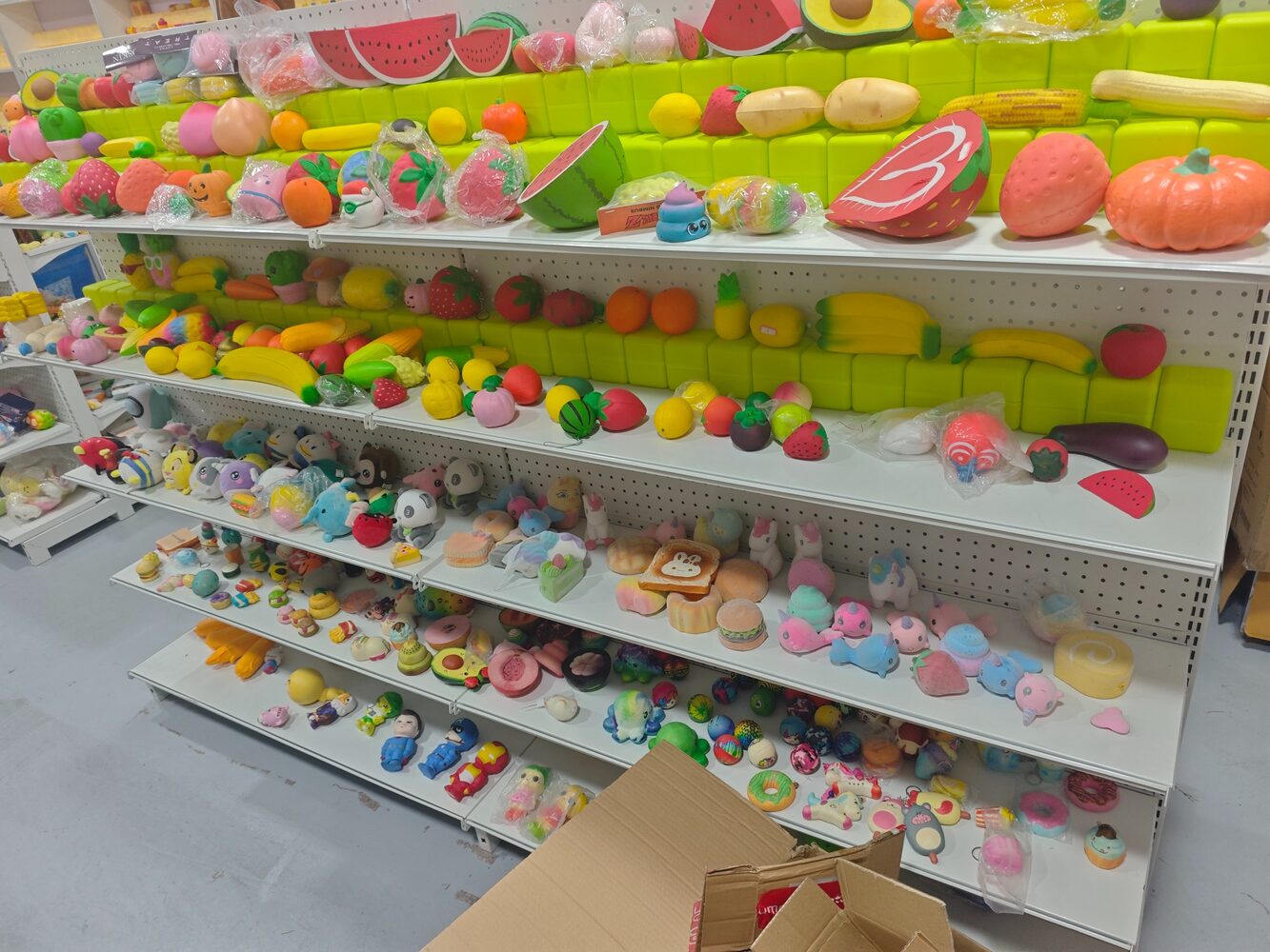 Colorful PU stress toy samples displayed in the factory